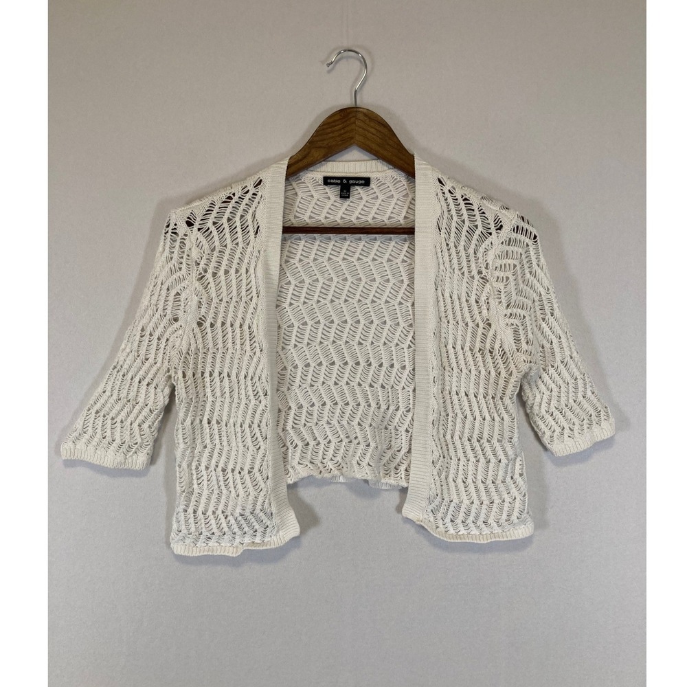 Boho Coastal Cable & Gauge Womens Medium Cream Open Knit Cropped Shrug‎ Cardigan